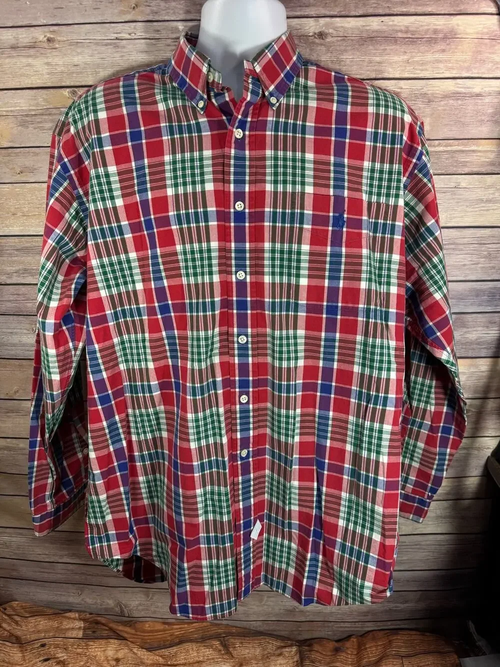 Polo Ralph Lauren Red Blue Green Checkers Button Down Shirt Large 100% Cotton